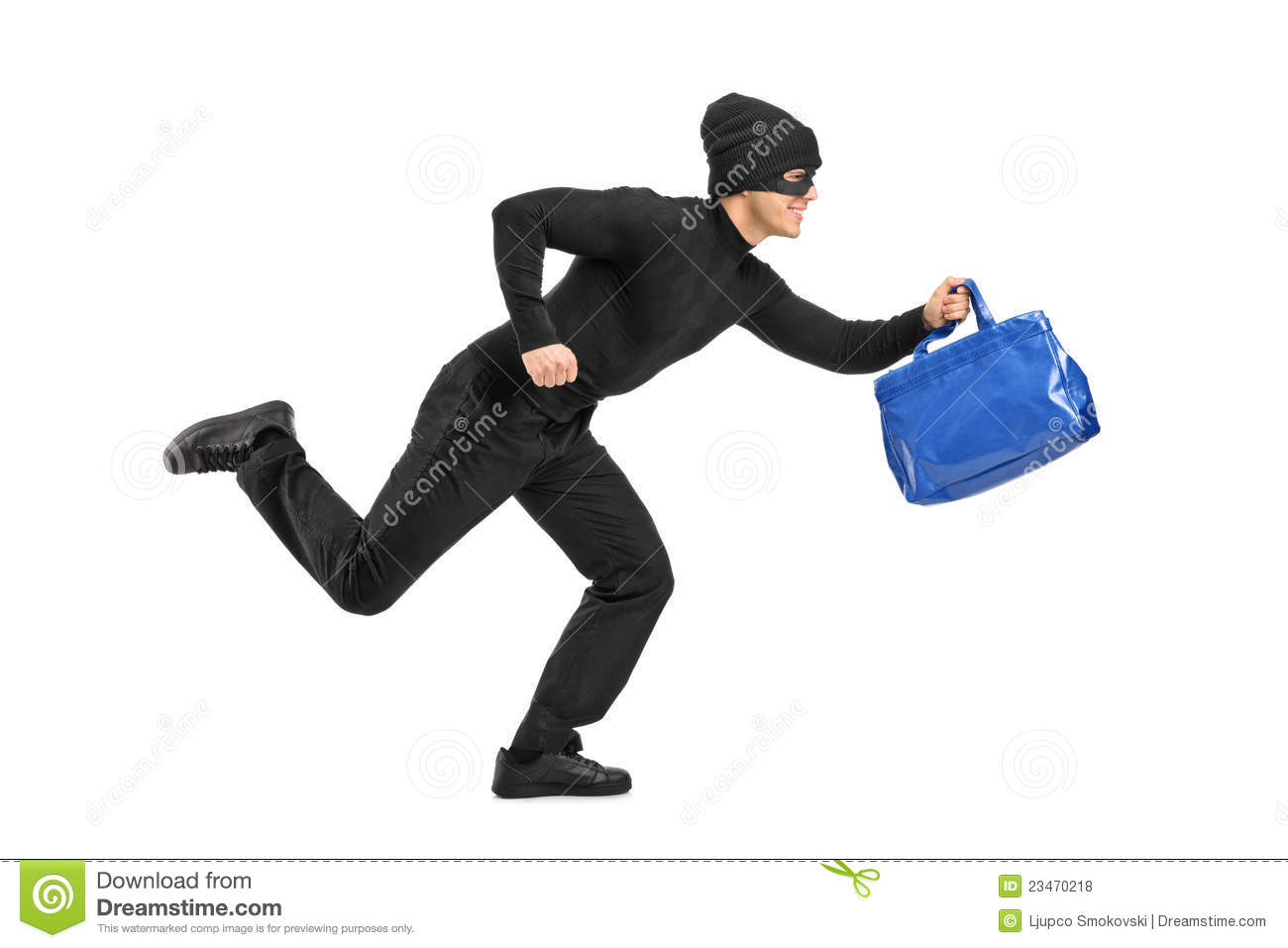 Full Length Portrait Of A Thief Running With A Stolen Purse On White