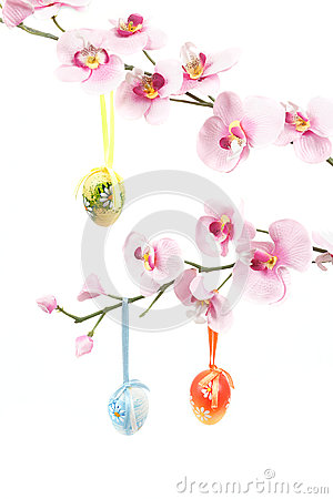 Hanged Bright Color Easter Eggs With Bows On Spring Flower Isolated On    