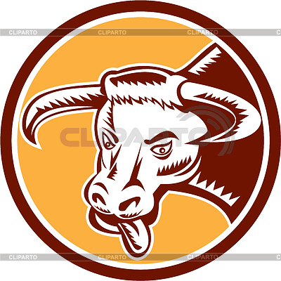 Illustration Of An Angry Raging Texas Longhorn Bull Head With Tongue