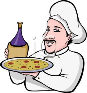 Italian Chef Serving Pizza And Wine   Royalty Free Clipart Picture