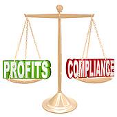 Profits And Compliance In Balance Scale Weighing Words   Royalty Free