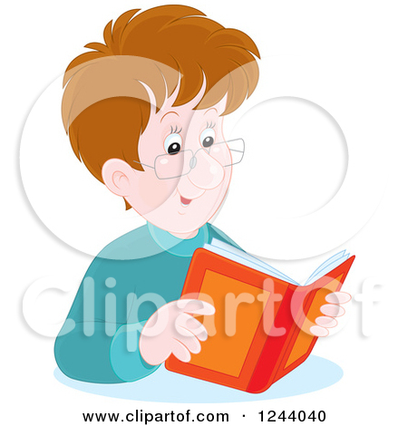 Clipart Of A Happy Brunette Caucasian Man Reading A Book   Royalty    