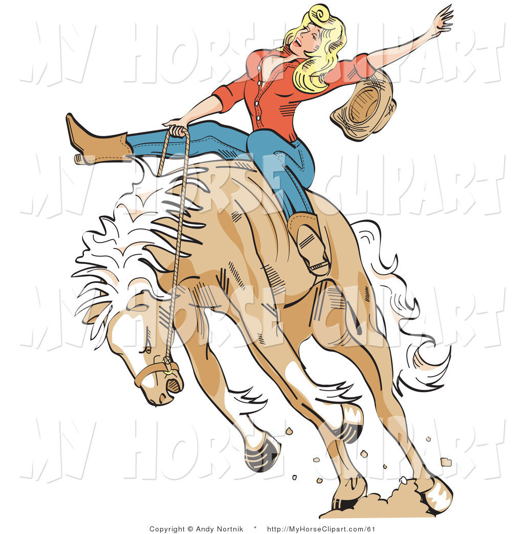 Cowgirl Riding A Tan Bucking Bronco Horse In A Rodeo By Andy Nortnik