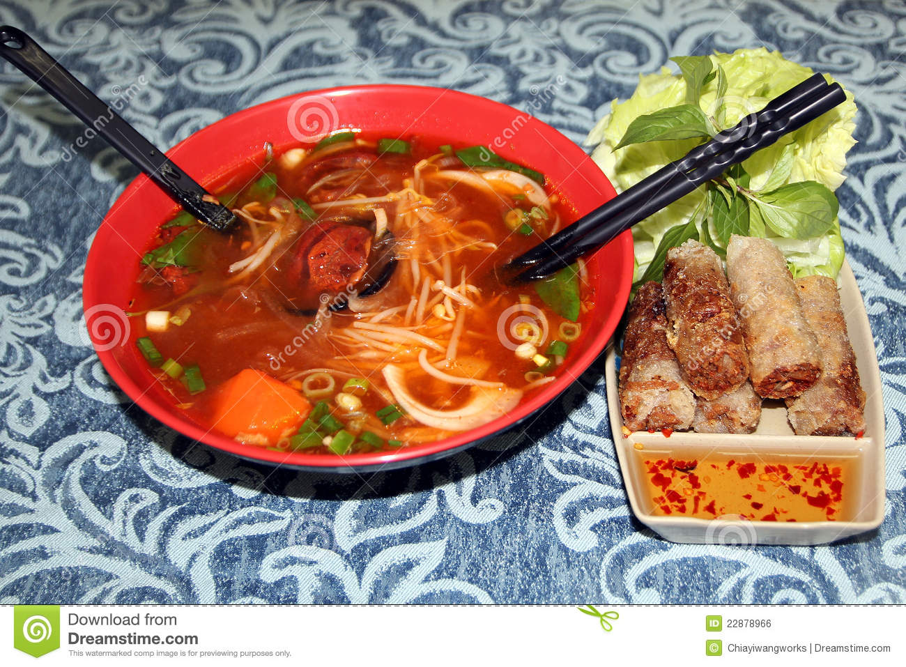 Delicious Vietnamese Braised Beef Rice Noodles And Fried Spring Rolls