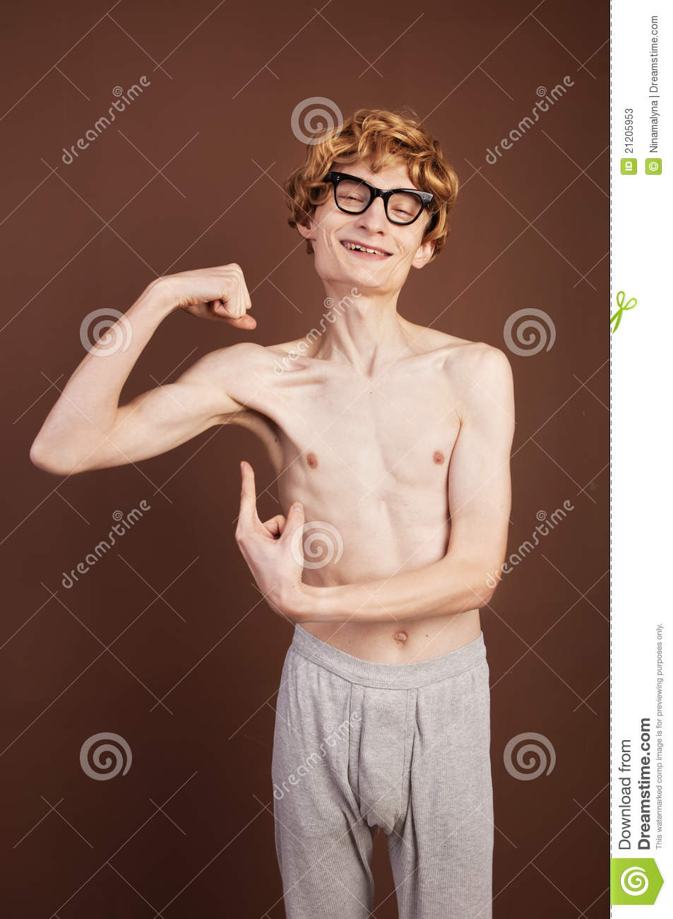 Funny Skinny Nerd Showing Muscles