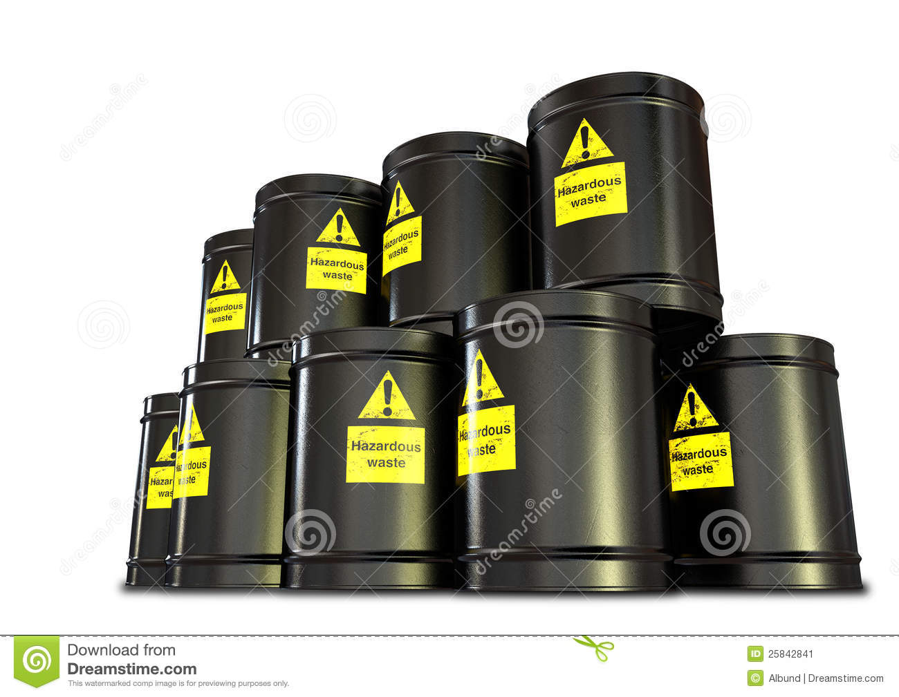 Of Black Metal Barrels With Yellow Hazardous Waste Labels On Each