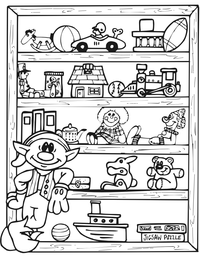 Printable Christmas Coloring Page Of An Elf And Toy Shlef