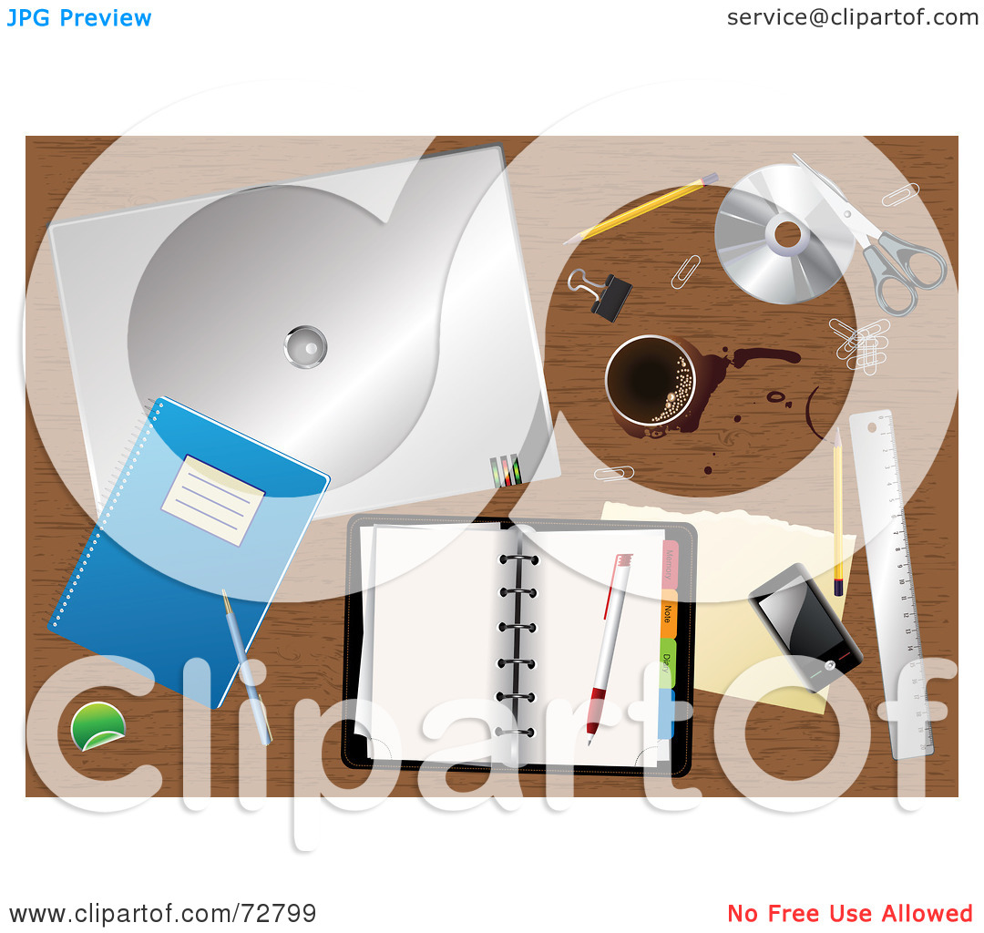 Royalty Free  Rf  Clipart Illustration Of A Cluttered Wooden Desk Top