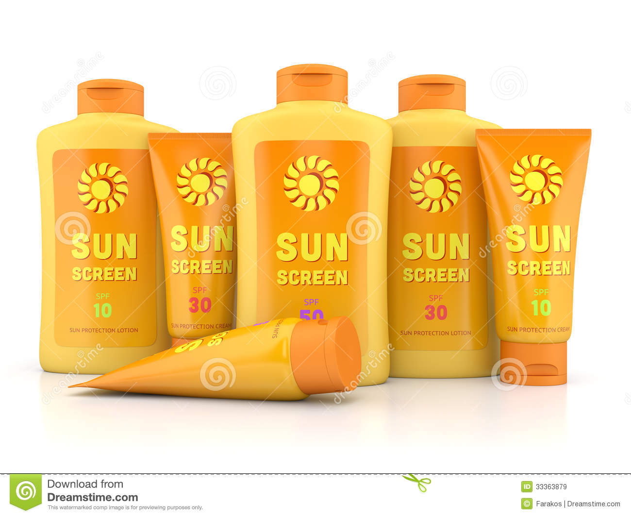Sunscreen Lotion And Cream Bottles And Tubes Isolated On White Royalty    