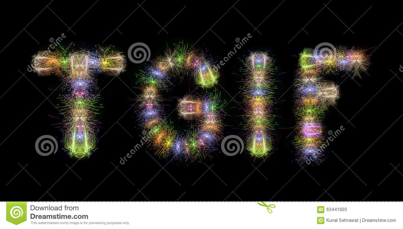 Text Word Written With Sparkle Fireworks On Back Sky   Background