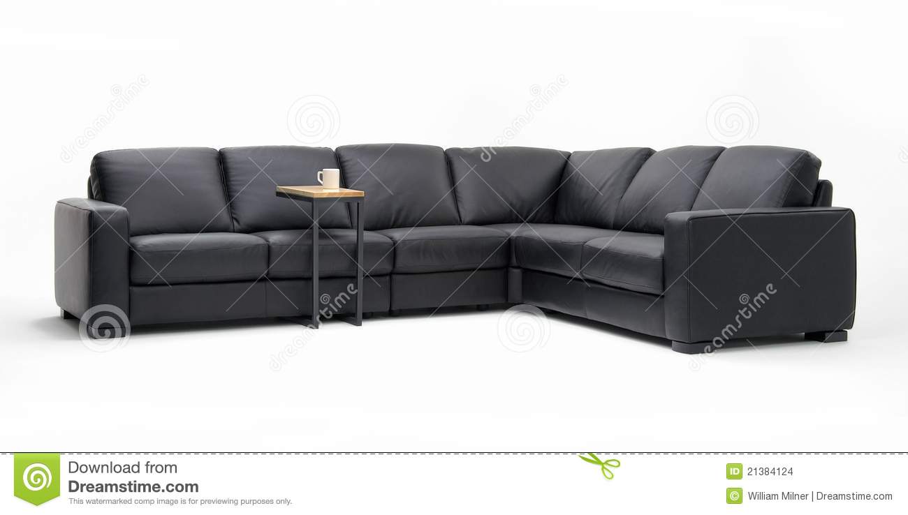 Black Leather Sectional Sofa On White Background 