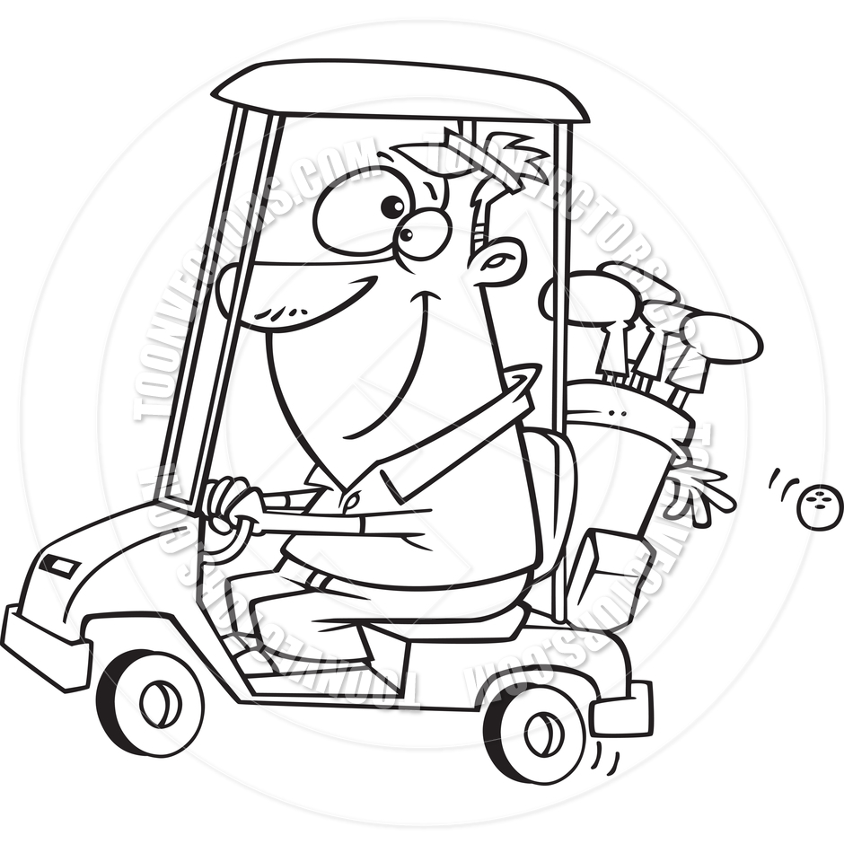 Cartoon Golfer Driving Golf Cart  Black And White Line Art  By Ron