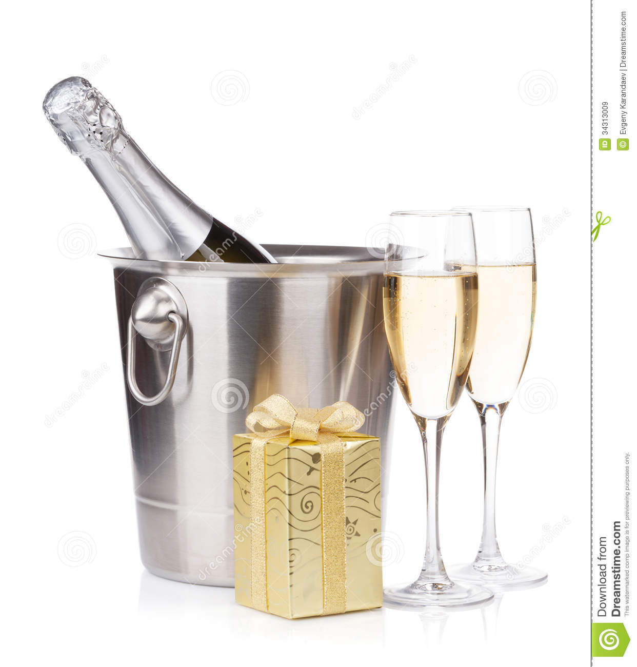 Champagne Bottle In Bucket Glasses And Gift Box Royalty Free Stock