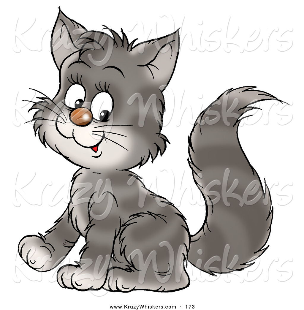 Critter Clipart Of A Cute Smiling Gray Kitty Cat With Stripes Sitting