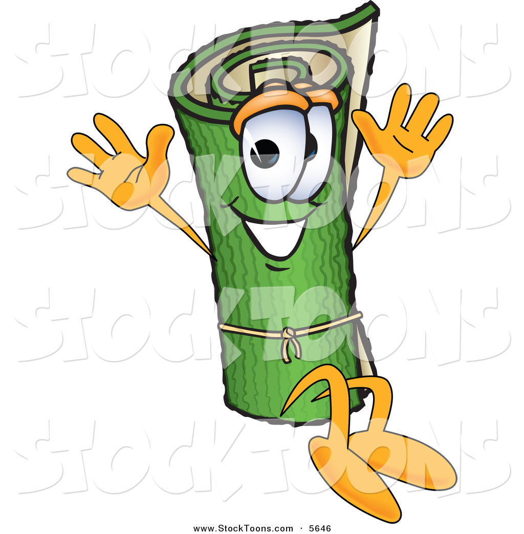 Green Rolled Carpet Mascot Cartoon Character Sitting And Waving His    