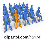 Orange Person Standing Out In A Crowd Of Blue People Seated In Chairs