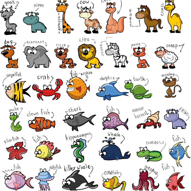 Set Of Vector Funny Cartoon Animals For Kids Each Animal Sign With Its