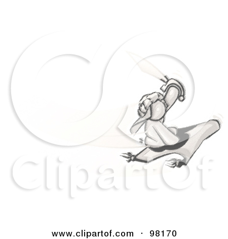 Sketched Design Mascot Man Character Sitting On A Magic Carpet Flying