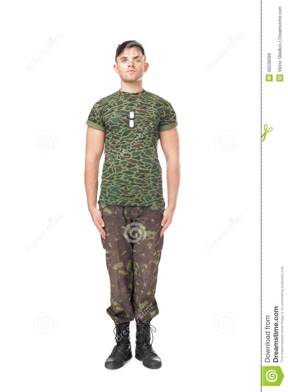 Young Army Soldier Standing In Attention Isolated On White Background