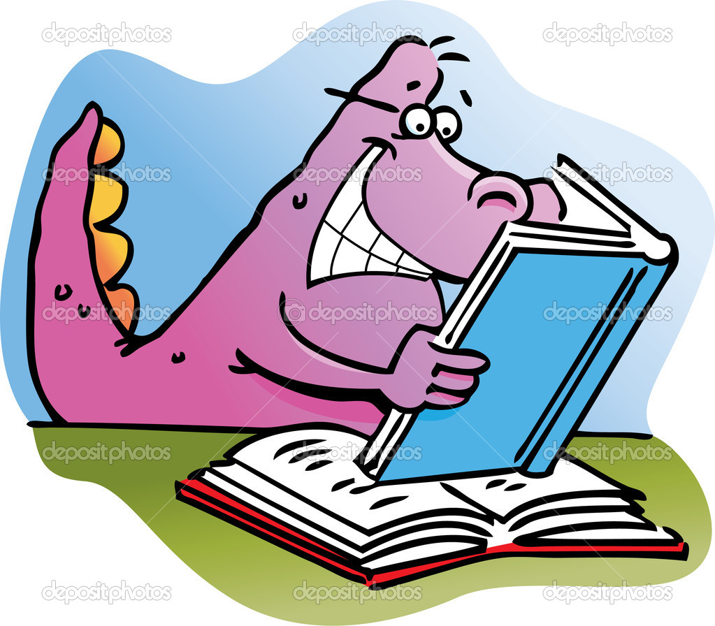 Cartoon Illustration Of A Dinosaur Reading Book Stock