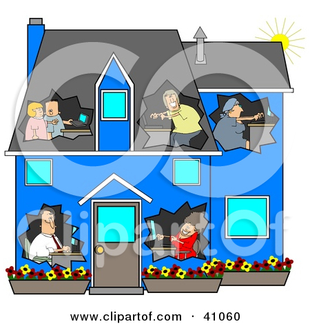 Clipart Illustration Of A Networked Family Using Their Computers In