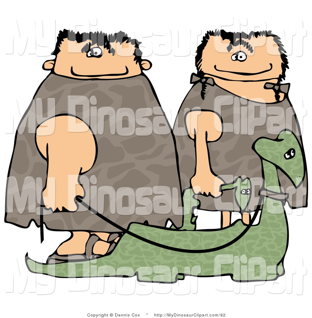 Clipart Of A Caveman And Cavewoman Walking Their Pet Dinosaur On A    