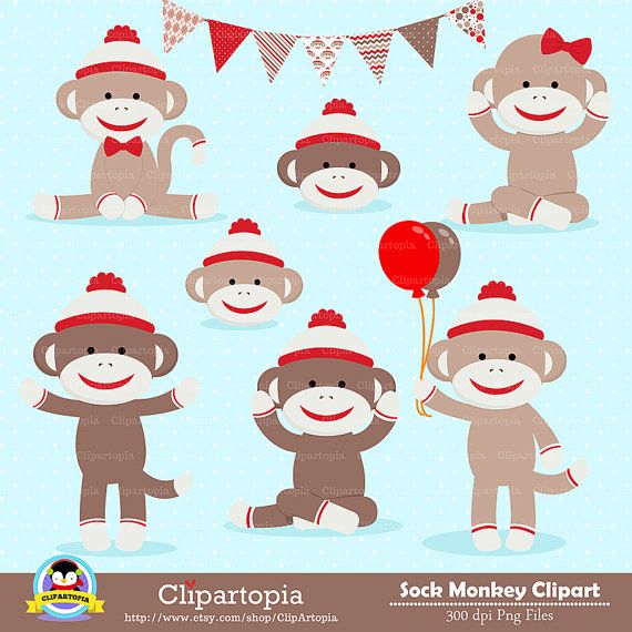 Sock Monkey Digital Clipart Red Monkey Clip Art Cute Sock Monkey