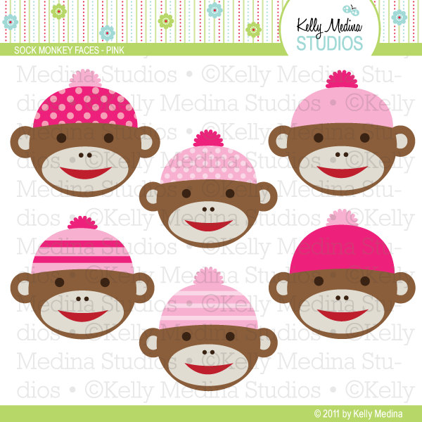Sock Monkey Faces Pink Clip Art Set By Kellymedinastudios