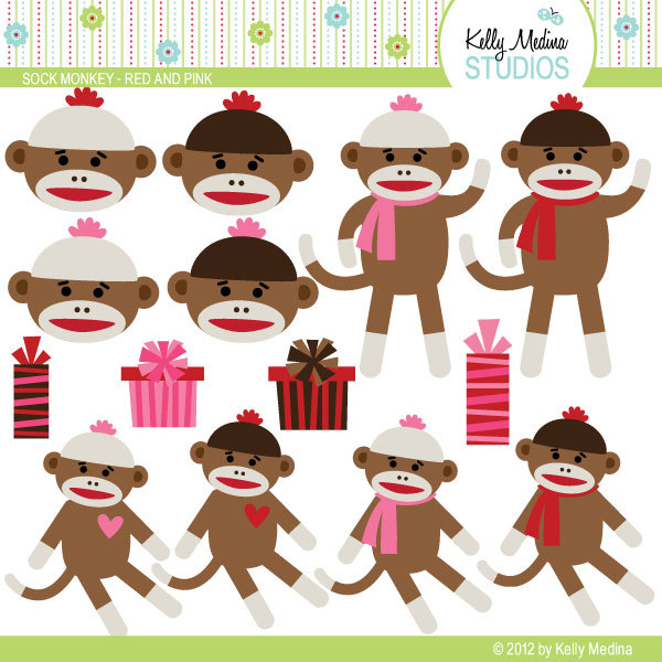 Sock Monkey Red And Pink Clip Art Set By Kellymedinastudios