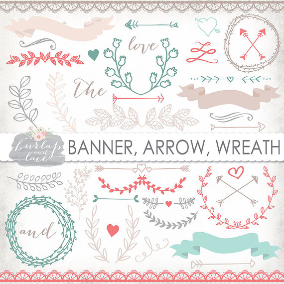 Vector Hand Drawn Clipart Laurels And Arrows Banners Color Clipart