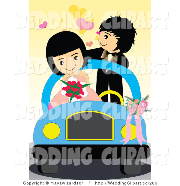 Vector Marriage Clipart Of A Wedding Cute Couple In Their Getaway Car    