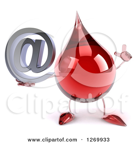 Blood Drop Mascot Holding Up A Finger And An Arobase Email Symbol By