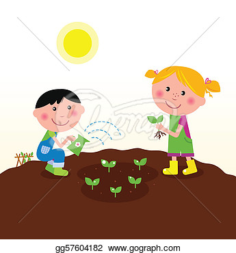Children Planting Plants In Garden