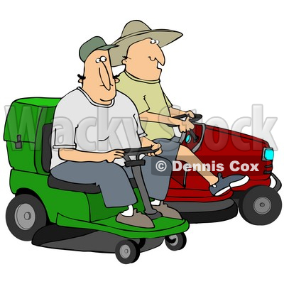Clipart Illustration Of Two Guys Operating Green And Red Riding Lawn
