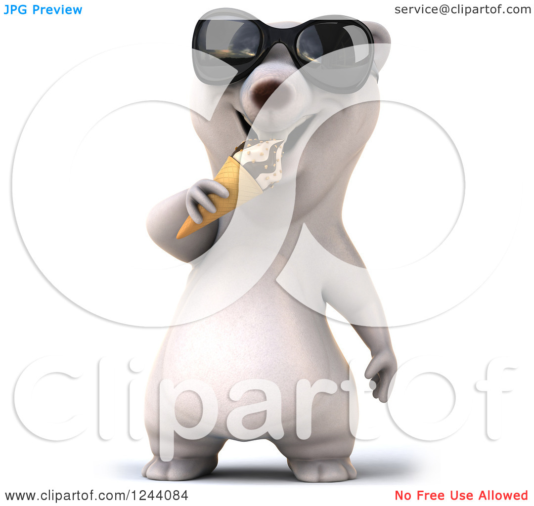 Clipart Of A 3d Polar Bear In Sunglasses Eating An Ice Cream Cone 2