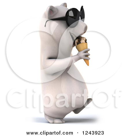 Clipart Of A 3d Polar Bear In Sunglasses Walking And Eating An Ice