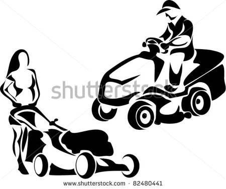 Man On Riding Mower And Lawnmower With Woman Stock Vector 82480441    