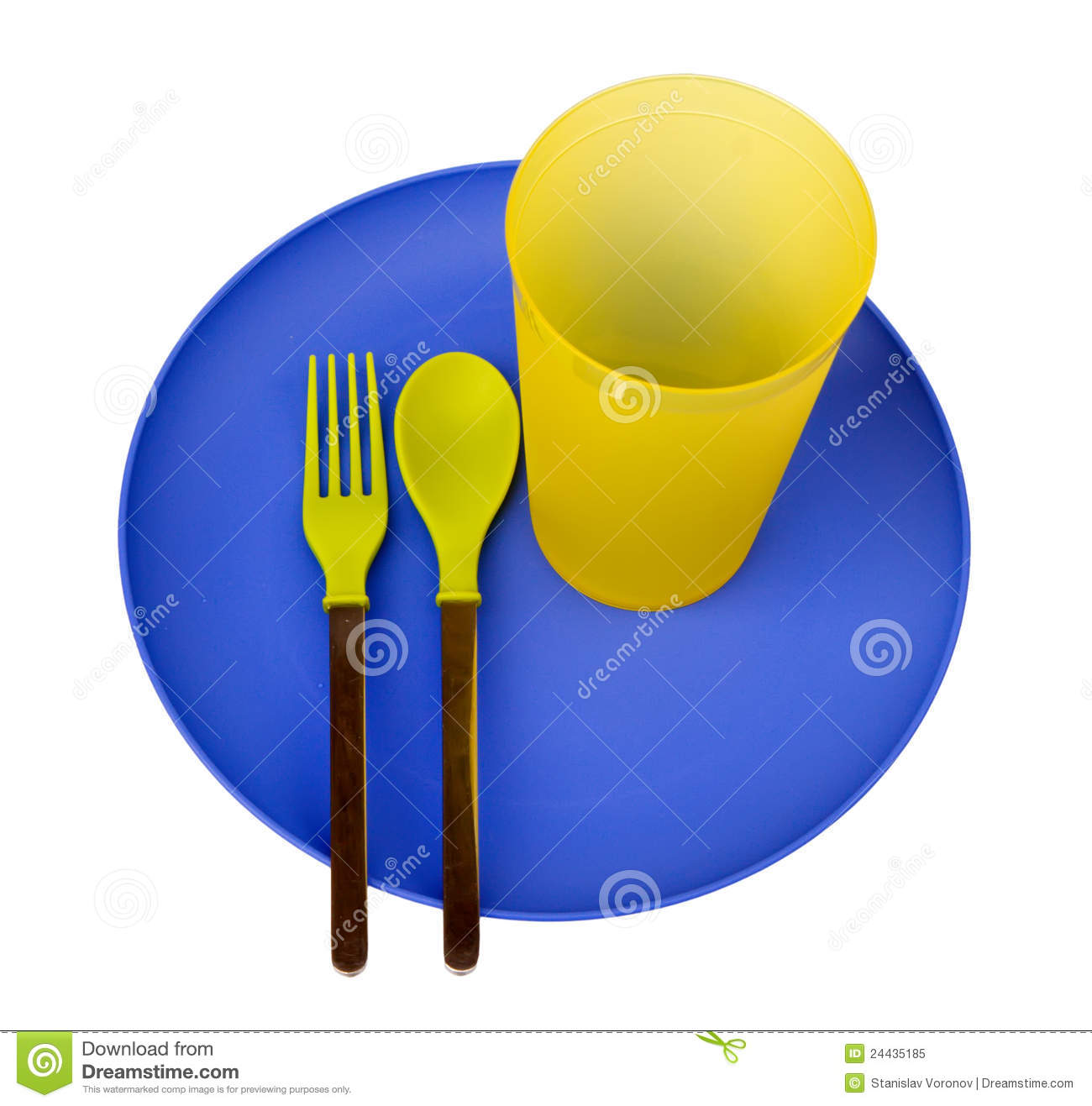 Plastic Plate Cup Spoon And Fork Isolated On White Background  With