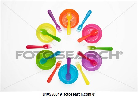 Stock Photograph Of Colourful Plastic Plates Cups Bowls Spoons And