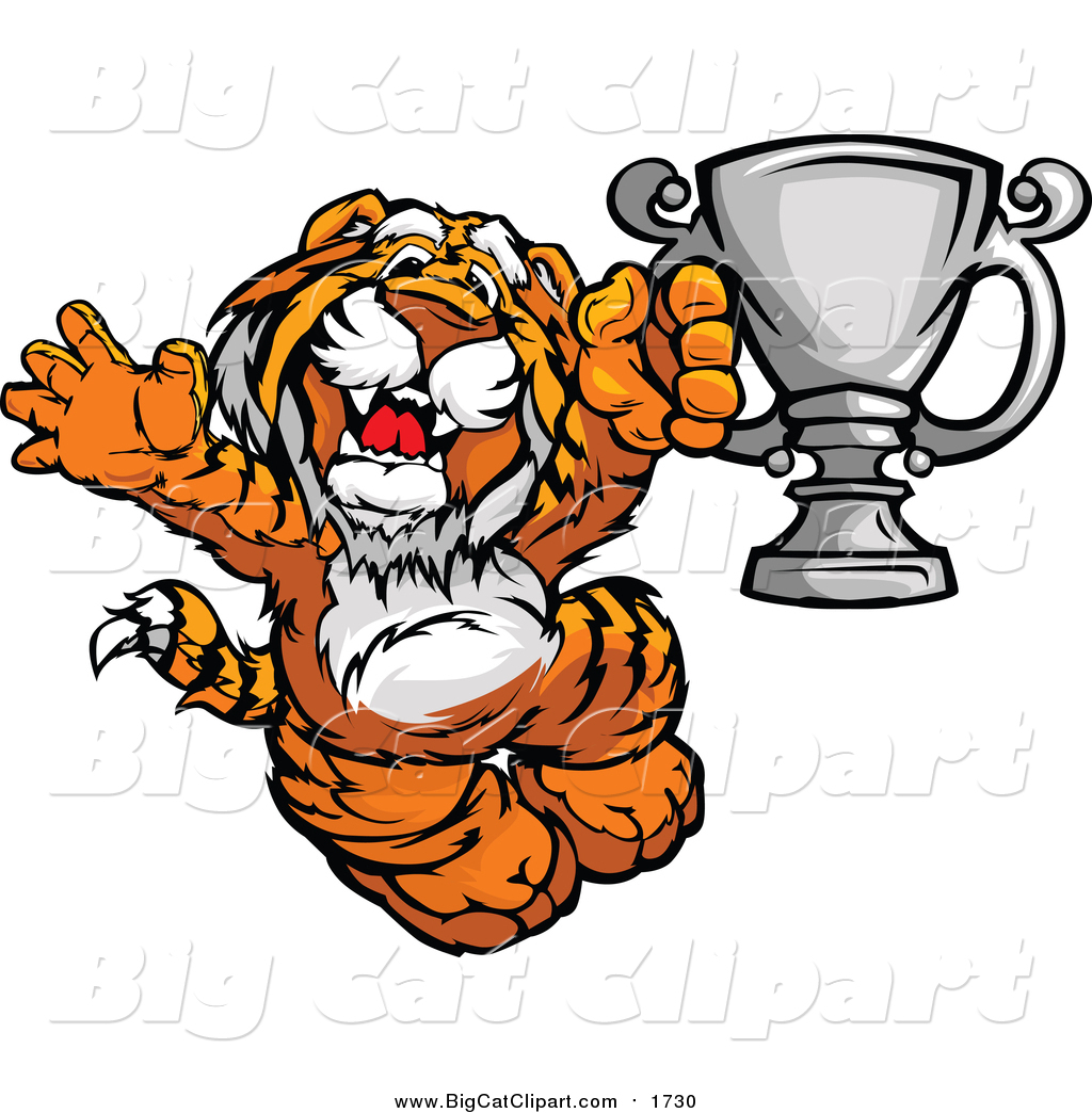 Tiger Champion Mascot Holding A Trophy Gold Lion Eyes Happy Tiger