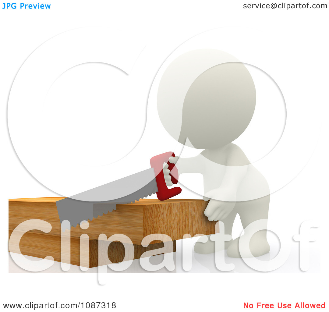 Clipart 3d Teeny White Person Carpenter Sawing Wood   Royalty Free Cgi