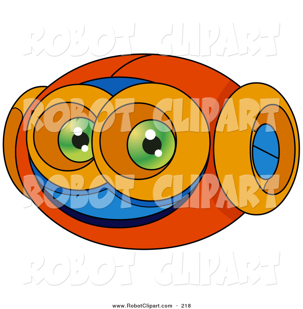 Clipart Of A Robotic Alien Face With Green Eyes And Large Orange Ears    