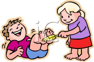 Colorful Cartoon Of A Little Girl Tickling Her Brothers Feet With A    