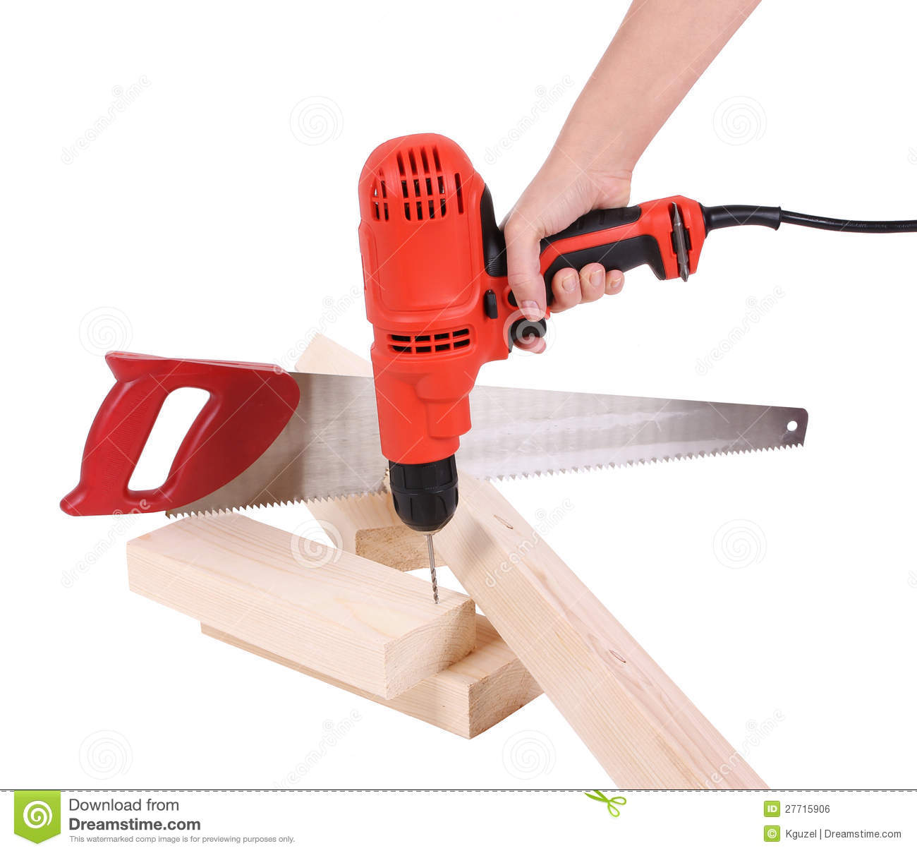 Drill In Hand Saw And Wood Board Royalty Free Stock Image   Image