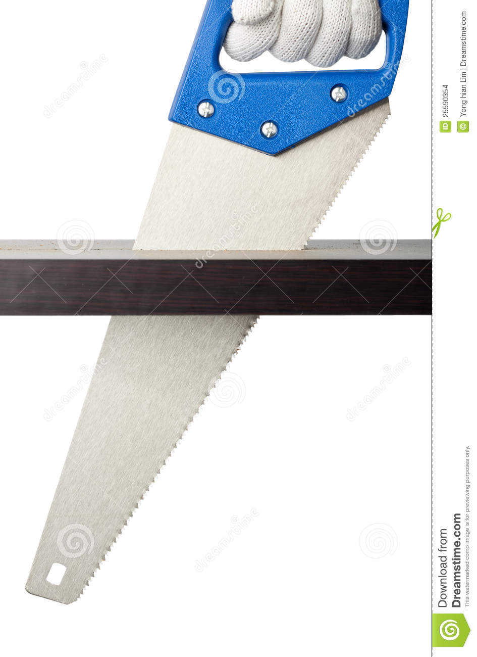 Gloved Hand Sawing A Plank Of Wood Isolated On White Background