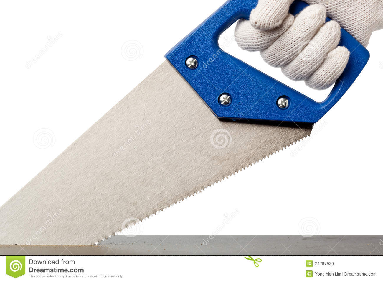 Gloved Hand Sawing A Wooden Plank On White Background 