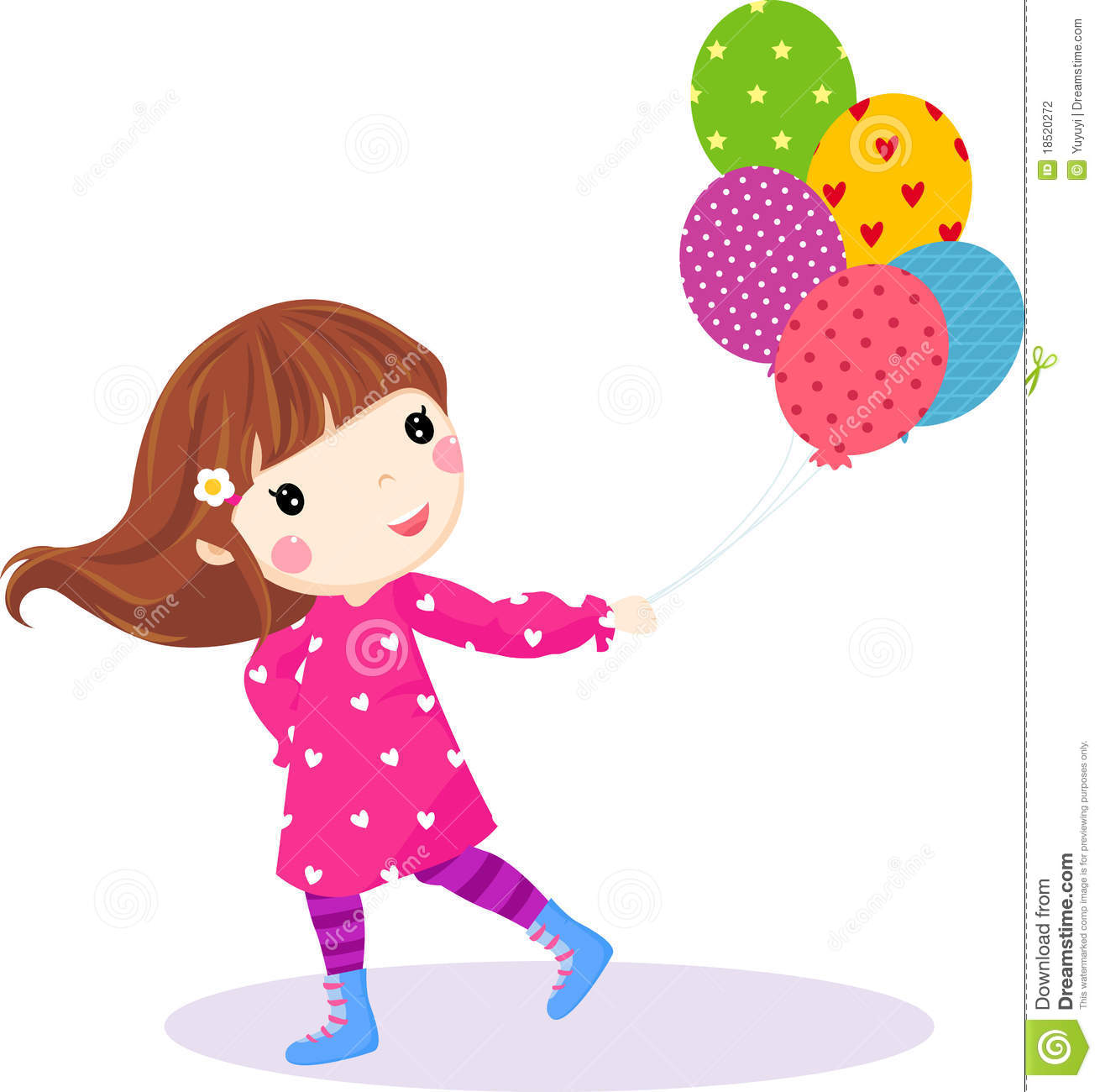 Illustration Of Little Little Girl Running With Balloons