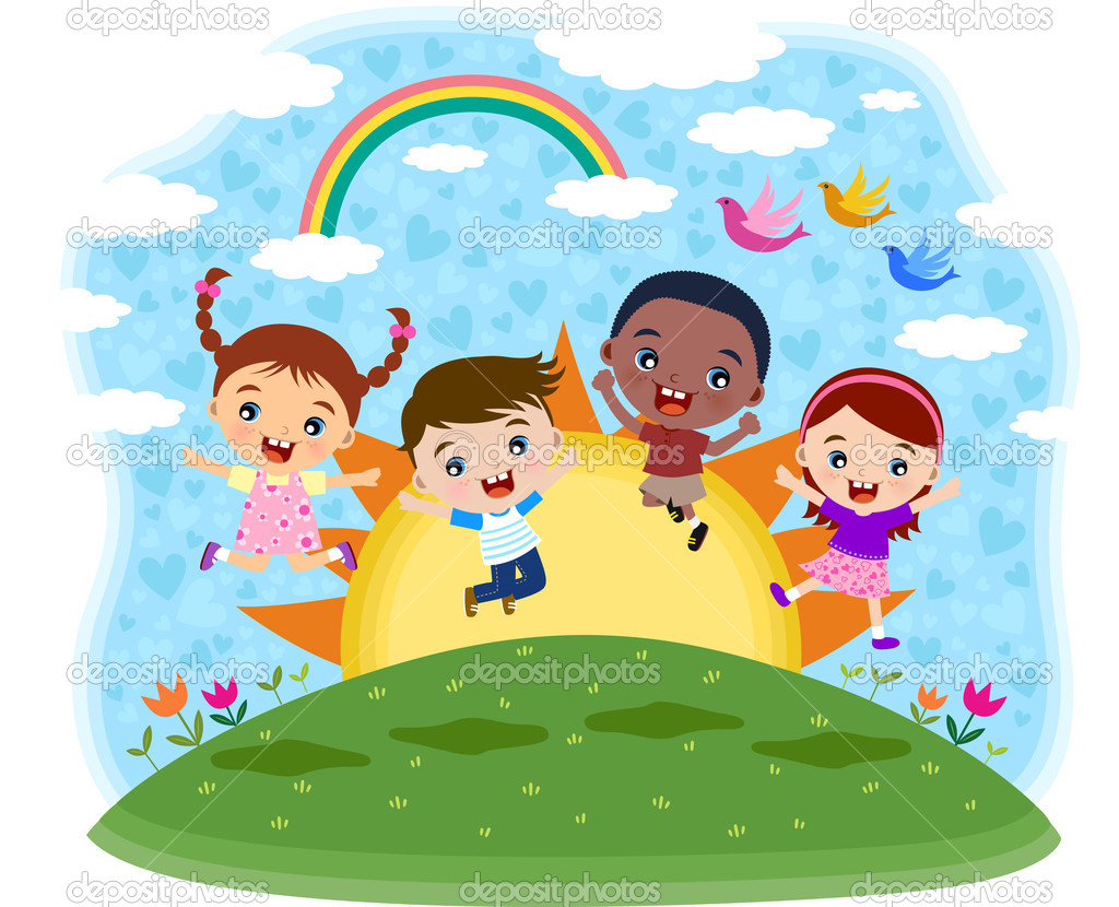 Multicultural Children Jumping On The Hill   Stock Vector