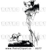 Vector Clipart Of A Retro Black And White Goat On A Cliff Over A Fox
