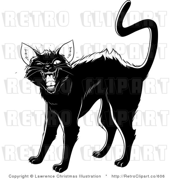 Black And White Hissing Cat Retro Royalty Free Vector Clipart